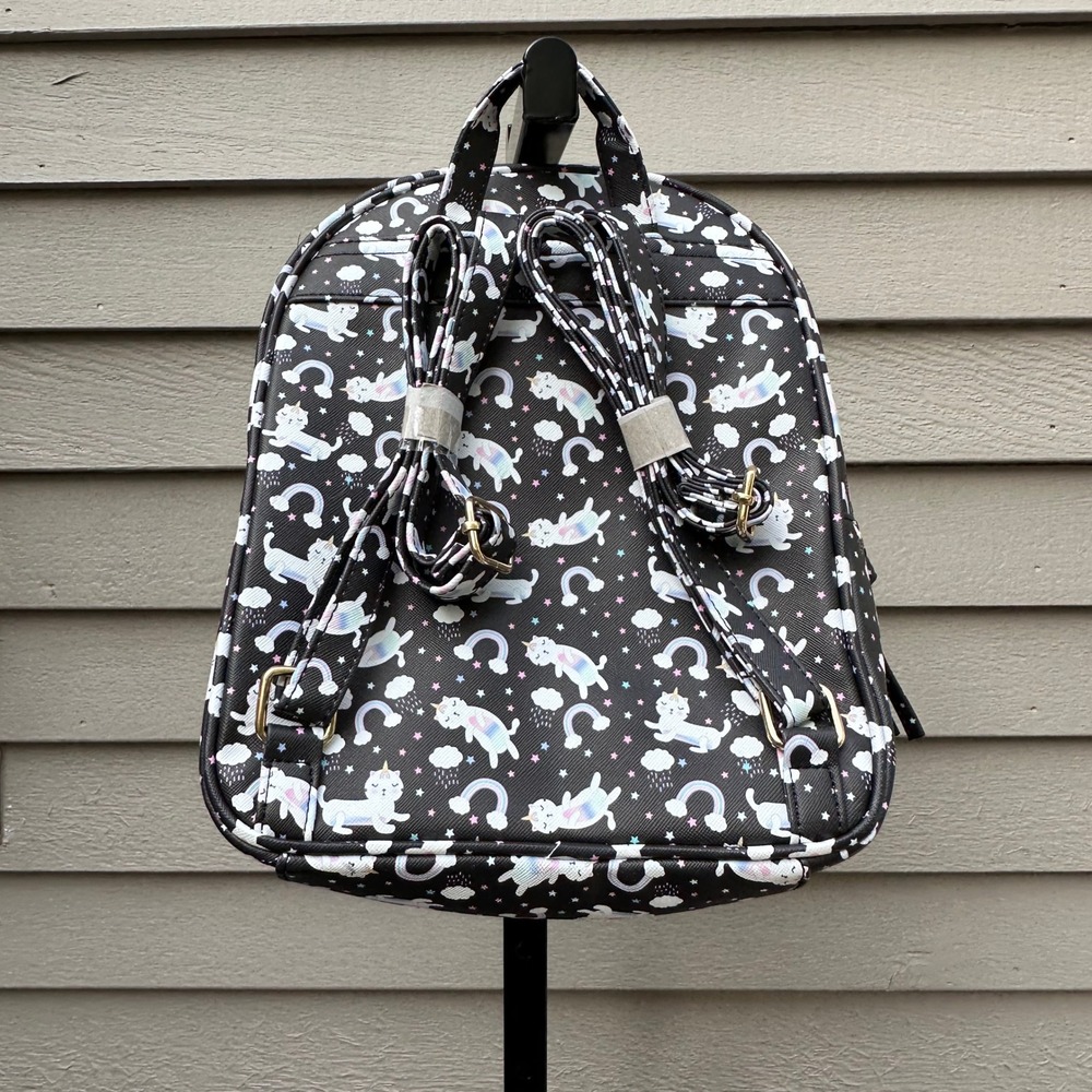 Under One Sky Caticorn Rainbow Mini Backpack Black Faux Leather Kawaii Bag - Picture 4 of 11